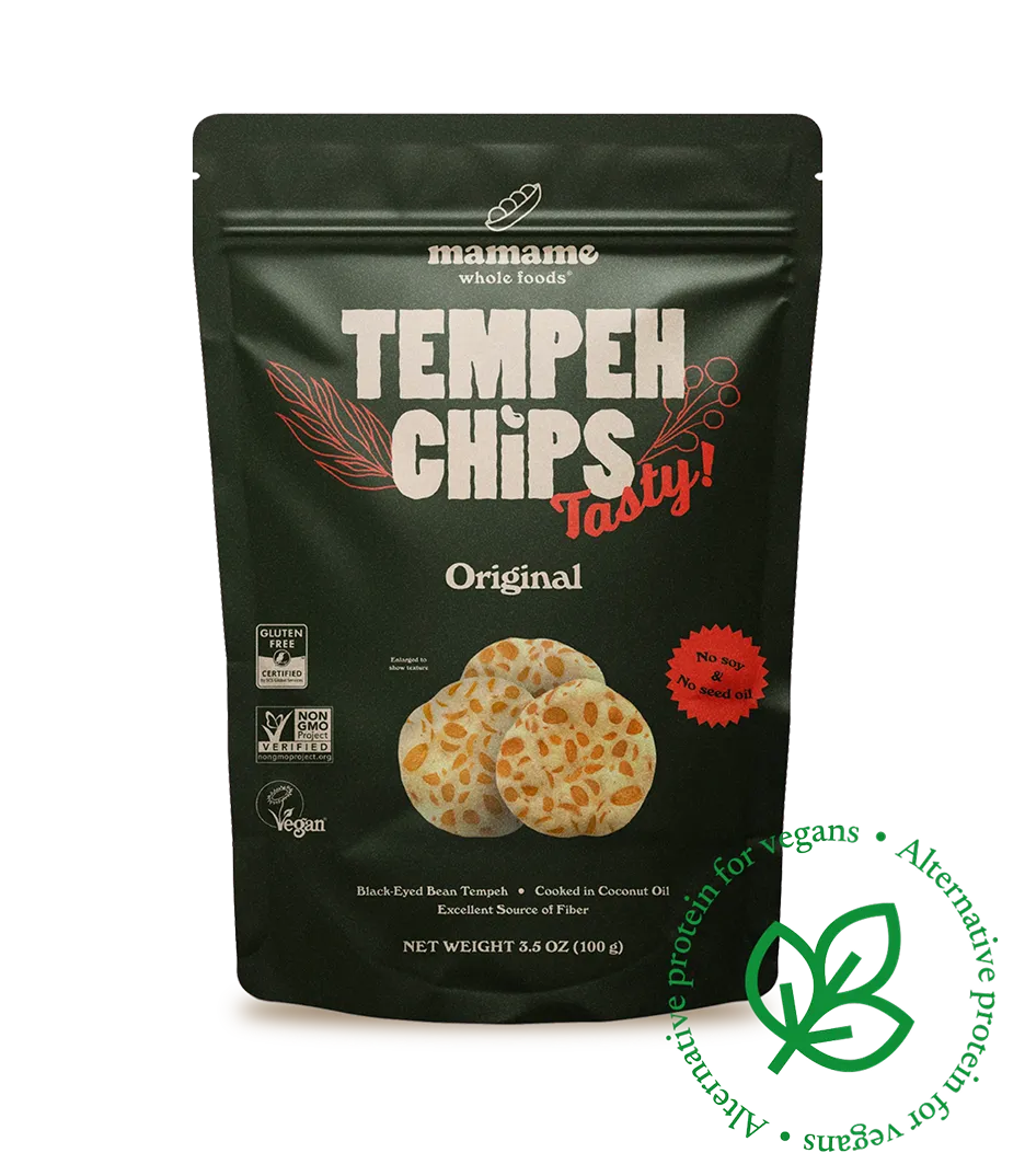 Mamame tempeh chips - a pack of original flavor with product value description.